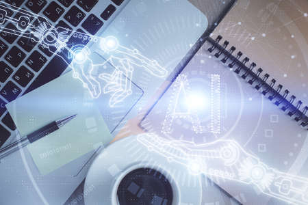 Double exposure of data theme drawing hologram over topview work table background with computer....