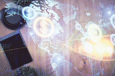 Multi exposure of financial chart hologram over desktop with phone. Top view. Mobile trade platform...