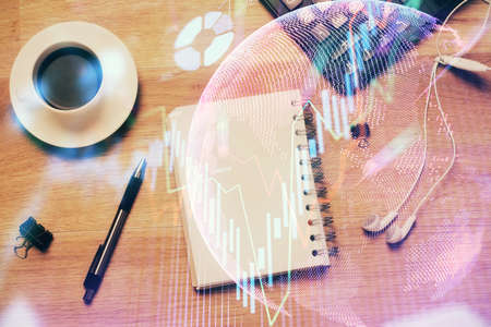 Multi exposure of forex chart drawing and work table top veiw. Concept of financial analysis.の写真素材