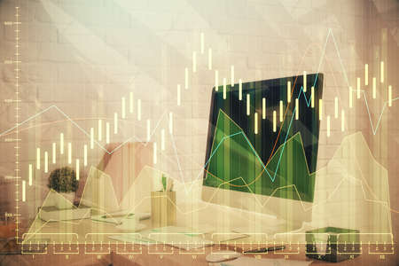 Double exposure of stock market graph drawing and office interior background. Concept of financial...