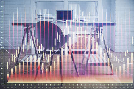 Double exposure of financial graph drawing and office interior background. Concept of stock market.