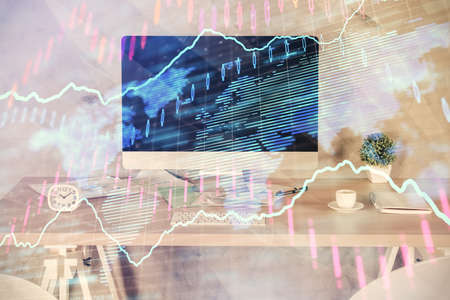 Multi exposure of financial graph drawing and office interior background. Concept of market...
