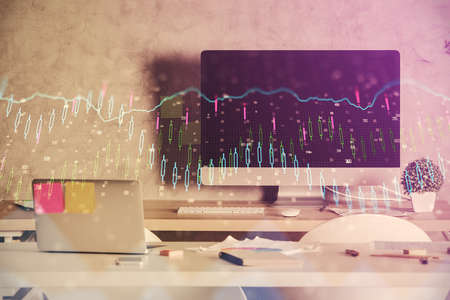 Multi exposure of financial graph drawing and office interior background. Concept of market analysis.の写真素材