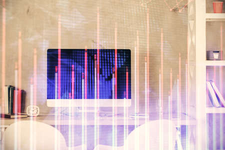 Multi exposure of stock market chart drawing and office interior background. Concept of financial analysis.の写真素材