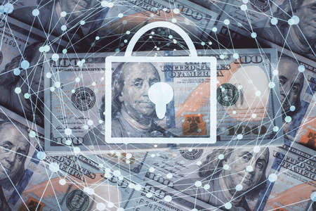 Double exposure of lock drawing over us dollars bill background. Security safe concept.の写真素材