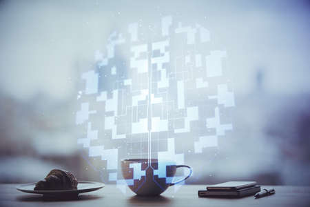 Double exposure of Ai data theme drawing over coffee cup background in office.の写真素材
