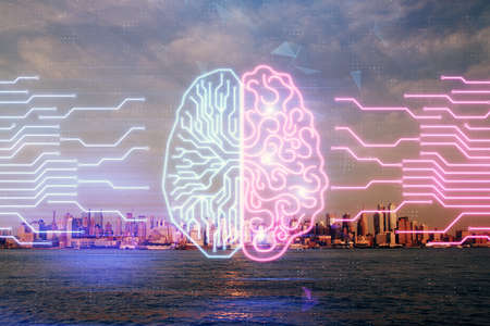 Brain hologram drawing on cityscape background multi exposure. Ai in modern city concept.の写真素材