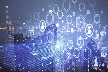 Multi exposure of social network theme drawing and cityscape background. Concept of people...