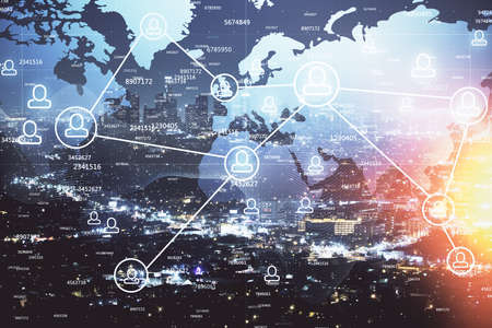 Multi exposure of social network theme drawing and cityscape background. Concept of people...