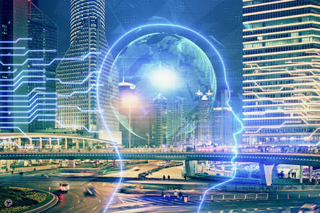 Brain hologram drawing on city scape background Double exposure. Brainstorming concept.
