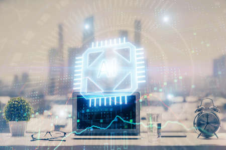 Multi exposure of table with computer on background and data theme drawing. Concept of innovation.