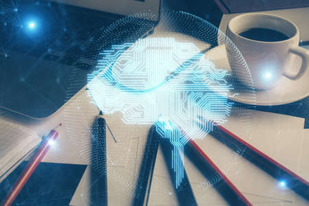 Double exposure of desktop computer and human brain drawing hologram. Ai concept.