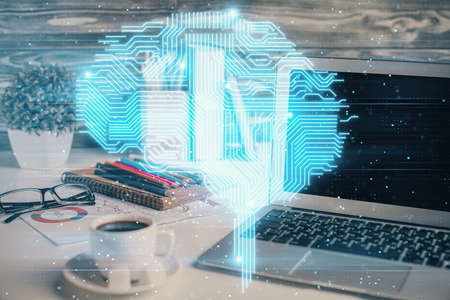 Double exposure of desktop computer and human brain drawing hologram. Ai concept.