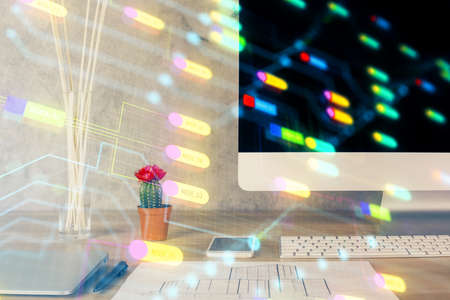 Double exposure of desktop with computer on background and tech theme drawing. Concept of big data.