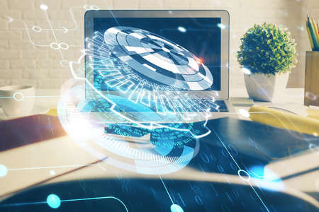 Multi exposure of desktop with personal computer and tech theme drawing. Concept of Bigdata.