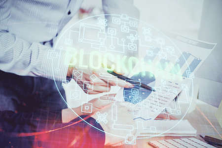 Businessman with hands background. Multi exposure with crypto currency concept.