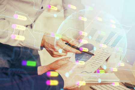 Mans hands with international data network theme double exposure icon. Concept of globalization.