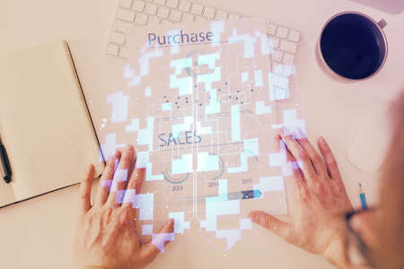 Mans hands with tech theme multi exposure icons. Concept of big data and technology.の写真素材