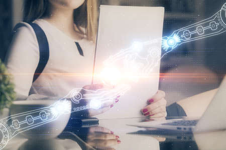 Multi exposure of womans writing hand on background with data technology hud. Big data concept.の写真素材