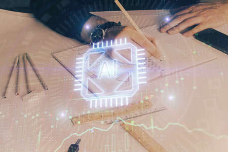 Humans hands with data theme multi exposure background drawings. Concept of innovation.
