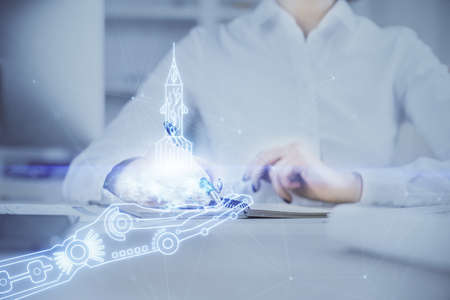Start up creative drawing over close up hands on background. Concept of brainstorming. Multi...