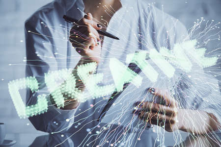 Start up creative drawing over close up hands on background. Concept of brainstorming. Multi exposureの写真素材