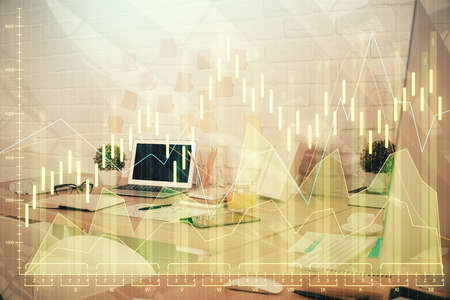 Multi exposure of stock market chart drawing and office interior background. Concept of financial...