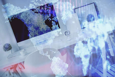 Double exposure of financial graph drawing and office interior background. Concept of stock market.