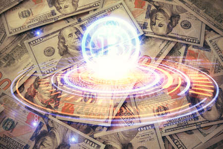Multi exposure of crypto theme drawing over us dollars bill background. Concept of blockchain success.の写真素材