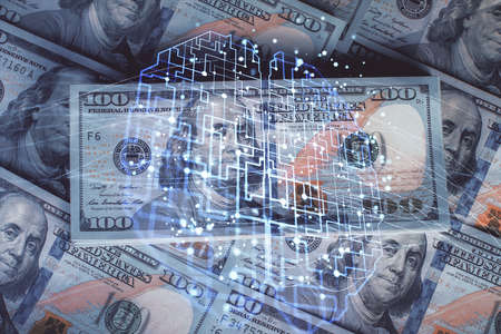 Double exposure of brain drawing over us dollars bill background. Technology concept.の写真素材