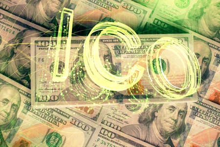Multi exposure of crypto theme drawing over us dollars bill background. Concept of blockchain success.の写真素材
