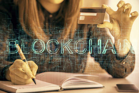 Multi exposure of woman on-line shopping holding a credit card and crypto theme drawing. Blockchain...