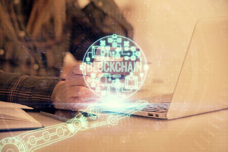 Multi exposure of woman on-line shopping holding a credit card and crypto theme drawing. Blockchain...