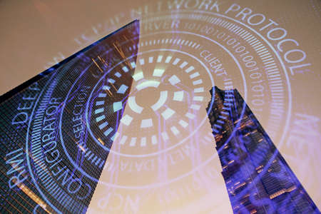 Data theme hologram drawing on city view with skyscrapers background double exposure. Ai concept.