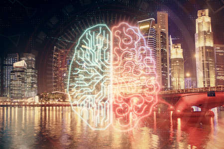 Brain hologram drawing on city scape background Double exposure. Brainstorming concept.