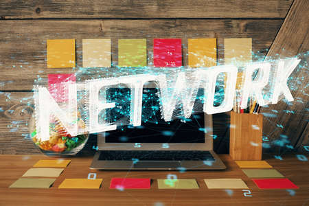 Multi exposure of desktop with computer on background and tech theme drawing. Concept of big data.