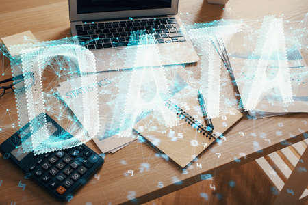 Multi exposure of desktop with computer on background and tech theme drawing. Concept of big data.