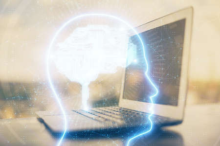 Double exposure of desktop computer and human brain drawing hologram. Ai concept.の写真素材