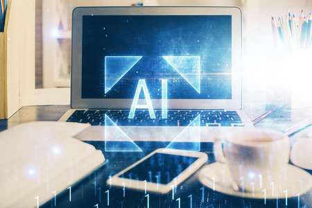 Double exposure of desktop with personal computer on background and tech theme drawing. Concept of data analysis.の写真素材