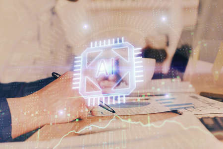 Humans hands with data theme double exposure background drawings. Concept of big data.