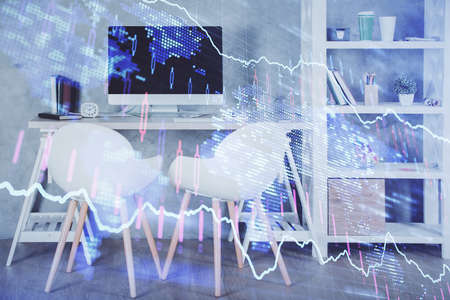 Multi exposure of stock market chart drawing and office interior background. Concept of financial...