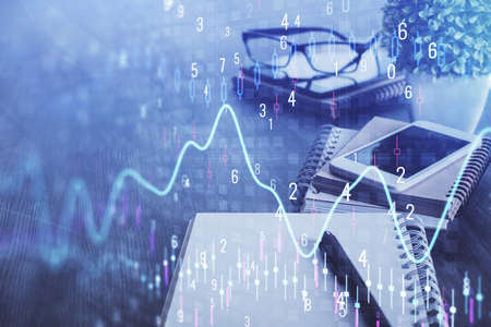 Double exposure of forex chart drawing and cell phone background. Concept of financial trading
