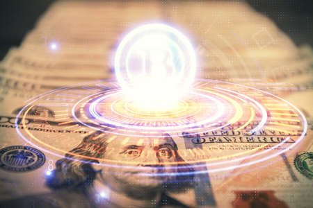 Multi exposure of crypto theme drawing over us dollars bill background. Concept of blockchain success.の写真素材
