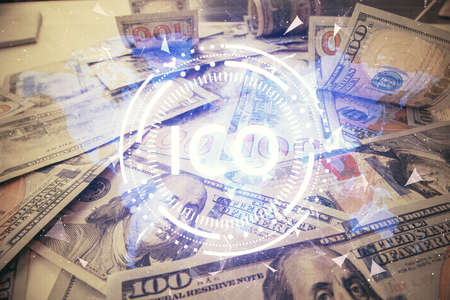 Multi exposure of crypto theme drawing over us dollars bill background. Concept of blockchain success.の写真素材