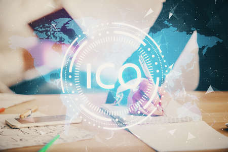 Double exposure of blockchain theme drawing over people taking notes background. Concept of cryptocurrencyの写真素材