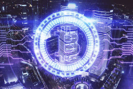 Multi exposure of cryptocurrency theme hologram drawing and city veiw background. Concept of...
