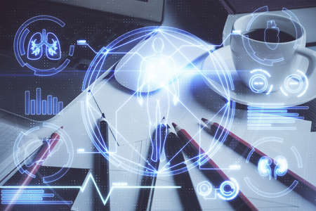 Desktop computer background and education theme drawing. Double exposure. Study concept.