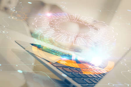 Multi exposure of desktop with personal computer and tech theme drawing. Concept of Bigdata.の写真素材