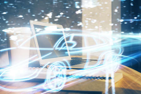 Desktop computer background in office with automobile hologram drawing. Multi exposure. Tech...