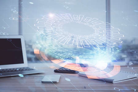 Double exposure of desktop computer and technology theme hologram. Concept of software development.の写真素材